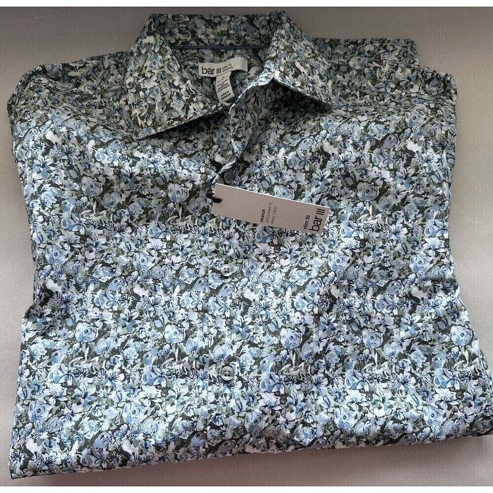 Bar III Mens Arte Slim-Fit Floral-Print Dress Shirt Long Sleeve Olive Blue - Picture 2 of 3